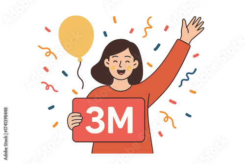 Thank you 3 million followers celebration card, social media milestone, blogger subscriber congratulation, vector illustration with confetti and balloon, online community growth