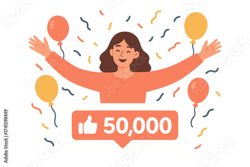 Celebration of 50,000 followers milestone social media concept, happy blogger with confetti and balloons, digital success, community growth and engagement, subscriber achievement vector illustration
