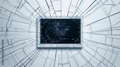 Shattered Screen Displaying Dystopian Future Technological Catastrophe