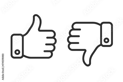 Thumbs Up and Thumbs Down Vector Icons, Line Art Positive and Negative Feedback Symbols, Transparent Background, Simple Outline Illustration, User Rating and Approval Concept