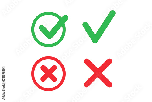 Stylish tick icon set with green check marks and red cross marks, flat design vector illustration, transparent background, colorful approval and rejection symbols for UI and graphic projects
