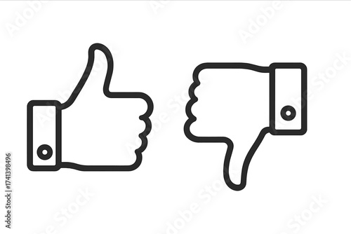 Thumbs up and thumbs down line icons, vector illustration set, approval and disapproval symbols, positive and negative feedback, outline style with transparent background, minimalist design