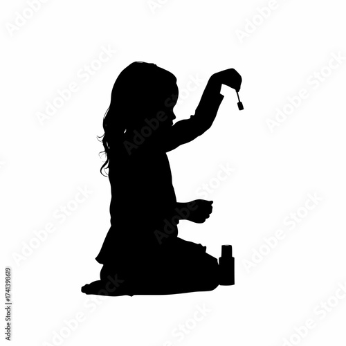 Silhouette of a girl painting nails isolated on white background