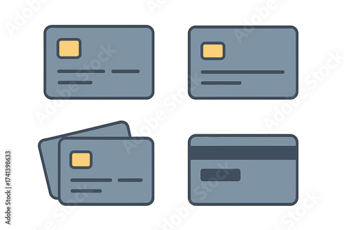 Flat vector illustration of credit cards with chip technology, set of grey bank cards with transparent background for financial and payment concepts, modern design