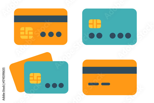 Flat style credit cards vector illustration set with chip and magnetic stripe, modern electronic payment designs, colorful secure finance icons for digital transactions