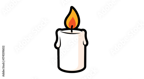 A lit white candle with dripping wax and a vibrant flame.