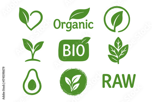 Vegan logos collection set with organic bio signs, raw healthy food badges and tags, eco-friendly vector vegan sticker icons for cafes, restaurants, product packaging, and natural food branding