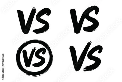 Brush Painted Versus Letters Set, VS Fight Symbol Vector Illustration with Transparent Background, Bold Hand Drawn Ink Style VS Text for Battle, Competition, Fight Concept Design