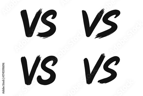 Versus VS letters brush stroke style, fight and competition concept, dynamic painted text set, hand drawn ink marks, vector illustration with transparent background, bold conflict typography