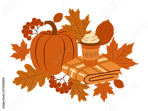 Autumn illustration with pumpkin, leaves, berries, blanket and coffee cup.Cozy seasonal composition in warm colors for fall design, greeting cards, invitation and creative projects