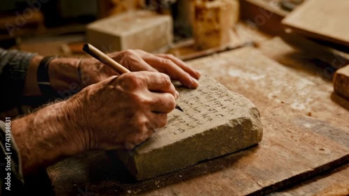 A person writing on a stone tablet with a chisel. Writing, ancient times, knowledge, communication, history