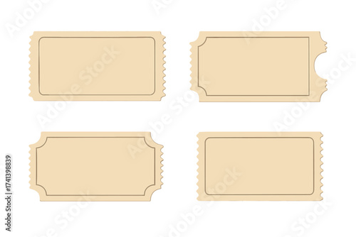 Set of vintage-style blank ticket templates with decorative borders, isolated on transparent background, vector illustration for event admission, invitations, coupons, and passes