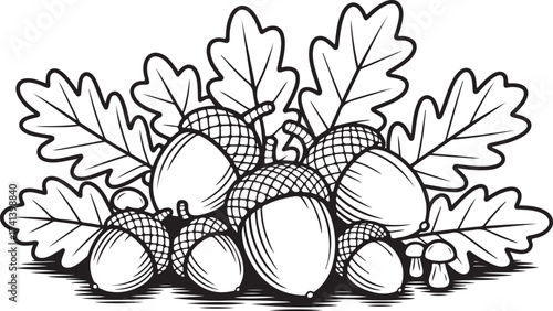 Acorns and Oak Leaves Line Art – Autumn Nature Coloring Page