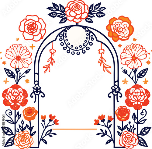 Ornate archway decorated with orange flowers and navy blue leaves