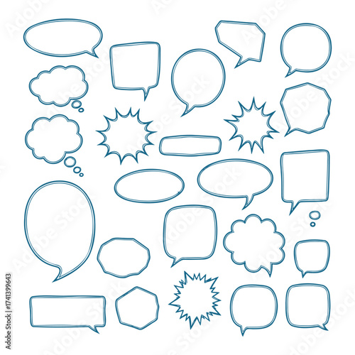 Handdrawn speech bubbles and thought clouds set for creative projects.