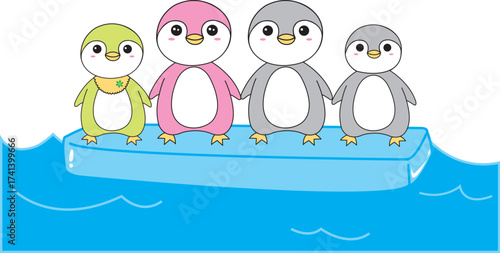 Vector graphics: Penguin family standing on ice floes