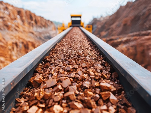 Conveyor belts carrying freshly mined copper ore through a hightech facility, copper processing, modern systems, innovation