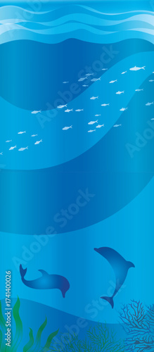 Vector graphics: underwater world, dolphins,  water plants