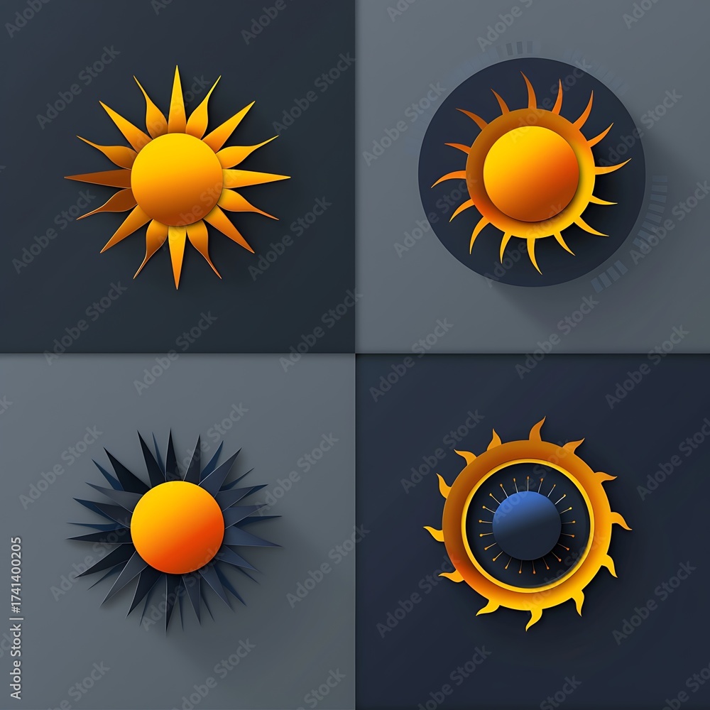 Fototapeta premium Stylized sun illustrations set against a contemporary, multi-toned backdrop