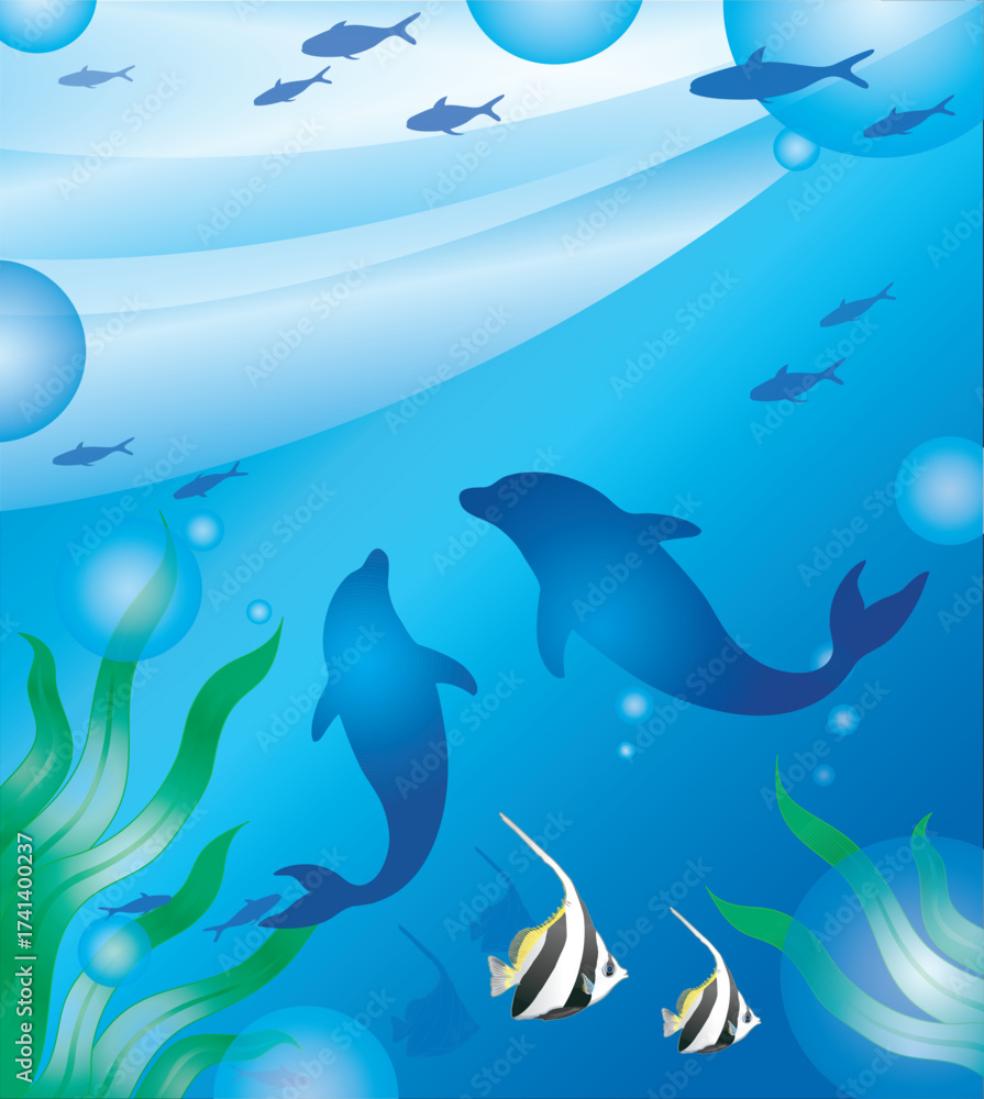 Fototapeta premium vector illustration of an underwater world. dolphins, tropical fish, water plants