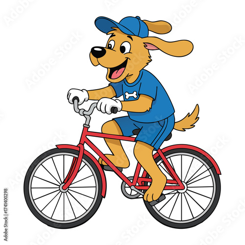 Joyful cartoon dog in blue outfit happily riding a red bicycle on a sunny day isolated on white background