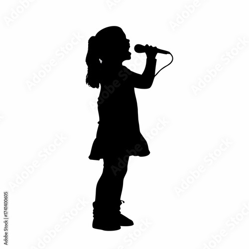 Silhouette of a girl singing into a microphone isolated on white background