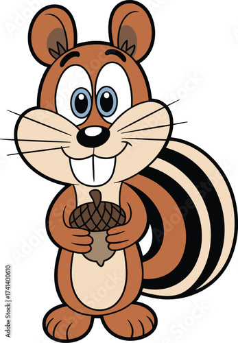 Cartoon chipmunk holding acorn, cute squirrel character, vector illustration, forest animal, children design, stock image art, woodland mascot