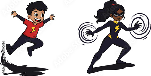 Cartoon superhero boy with lightning bolt shirt jumping happily, superhero girl with energy powers and lightning aura, dynamic comic fantasy illustration