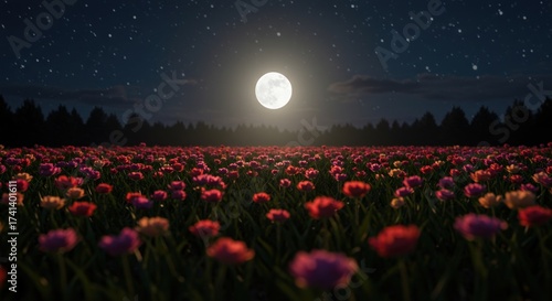 A tulip field at night lit by a full moon under a starlit sky