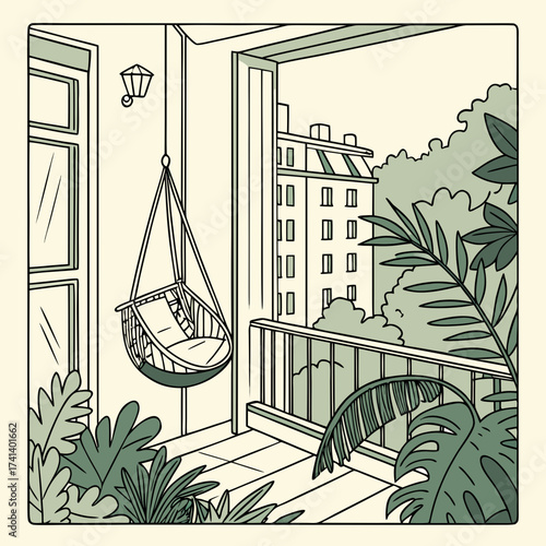 Vector art of balcony with hanging chair