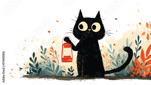 Charming Black Cat with Big Eyes Holding Lantern