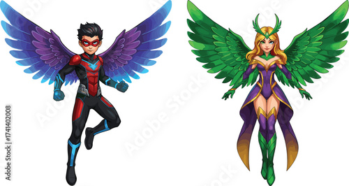 Cartoon superhero boy with multicolored wings and red suit, superhero girl with green wings and crown, fantasy comic action illustration