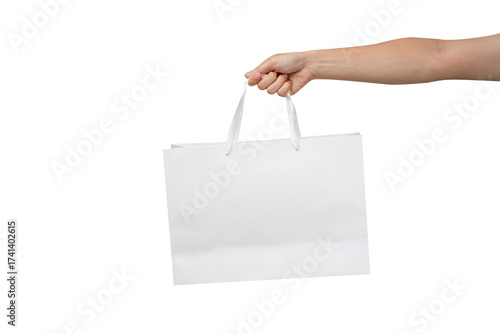 Slika na platnu A person's hand holding a paper shopping bag with handles on a clean white background