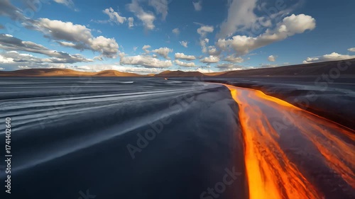 Spectacular Volcanic River Flowing Through a Unique Landscape with Mountains