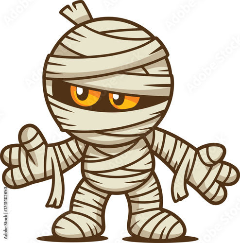 Cartoon mummy character, Halloween design, wrapped bandages, orange glowing eyes, spooky illustration, cute monster, funny style, vector, kids theme