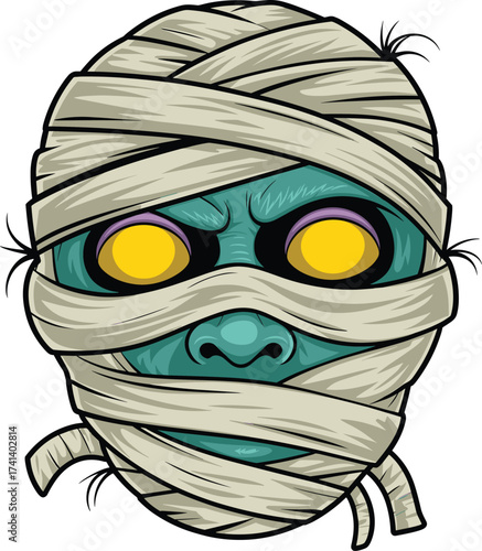 Cartoon mummy head illustration, glowing eyes, horror character design, Halloween monster, wrapped bandages, spooky undead face, vector art, stock image