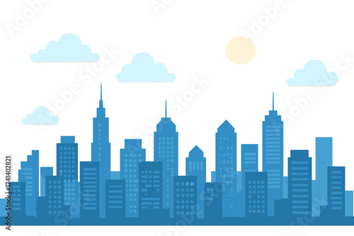 Cityscape skyline vector. Flat design blue city buildings silhouette on transparent background. Urban panoramic banner with sun and clouds for web, print, or wallpaper.
