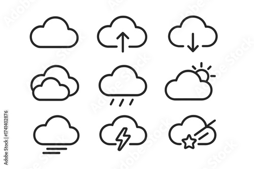 Cloud line art icon set. Weather and cloud computing outline icons. Meteorology signs for rain, sun, storm, fog. Data storage, upload, download, networking symbols. Vector.