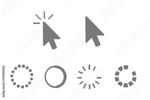 Vector mouse cursor icon set with click and loading spinners. Arrow pointer and progress circle wheel for web design UI/UX. Computer interface element collection isolated.