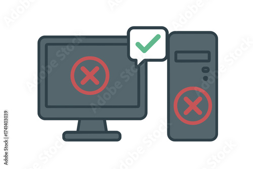 PC system status icon. Contradictory notification with red cross for error, failure or rejection and green checkmark for success, approval or pass. Vector illustration.