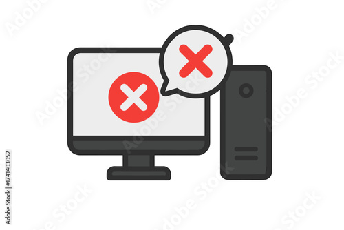 Computer error notification with red cross mark. System failure, access denied, or task rejected concept. PC monitor with problem alert and warning bubble message. Wrong, delete.