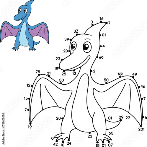 Cartoon pterodactyl character, coloring book page, educational dinosaur illustration, outlined drawing for kids, number guide, fun prehistoric activity, stock image