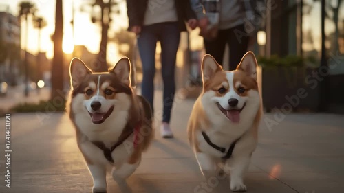 Two Adorable Corgis Enjoying a Sunny Stroll with Their Owners in the City