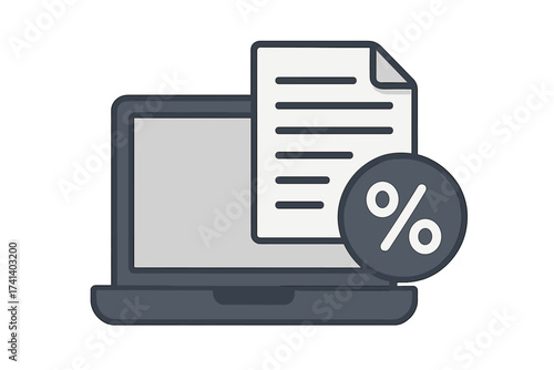 Financial report on laptop screen with percent sign. Concept of data analysis, tax calculation, online banking, interest rate, credit score, investment return, budget planning.