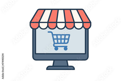 Online shopping concept with a computer monitor as a digital storefront. E-commerce, internet marketplace, and online retail vector illustration. Web store with a cart icon.