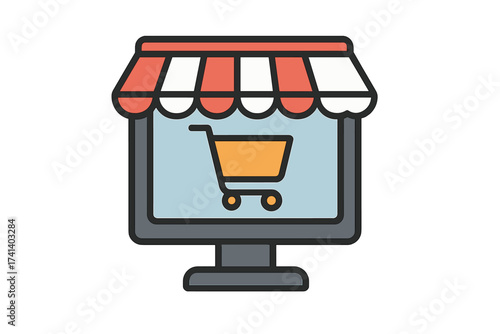 Online shopping concept with cart icon on computer screen and store awning. E-commerce business, internet marketplace, digital retail, webshop symbol. Flat vector illustration.