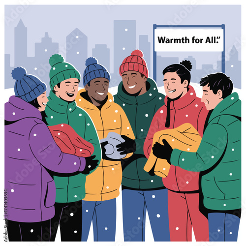 Compassionate World Homeless Day flat vector illustration with city streets, volunteers, donations, outreach programs, winter shelters, and human support concepts