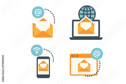 Email marketing vector icon set for internet advertising. Communication concepts for multi platform digital campaigns on mobile, laptop and web. Global newsletter outreach.