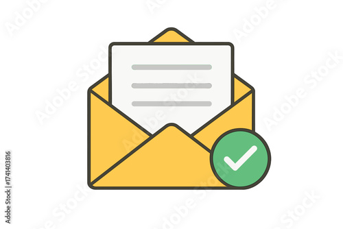 E-mail confirmation with approved document icon. Open envelope with a new letter and check mark. Mail message verification success. Flat design vector illustration concept.