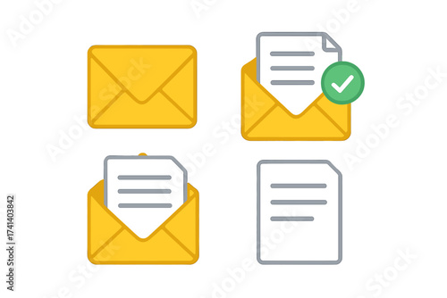 Email icon set with approved document. Open envelope with letter and check mark for confirmation or verification. Mail notification vector illustration in flat design style.